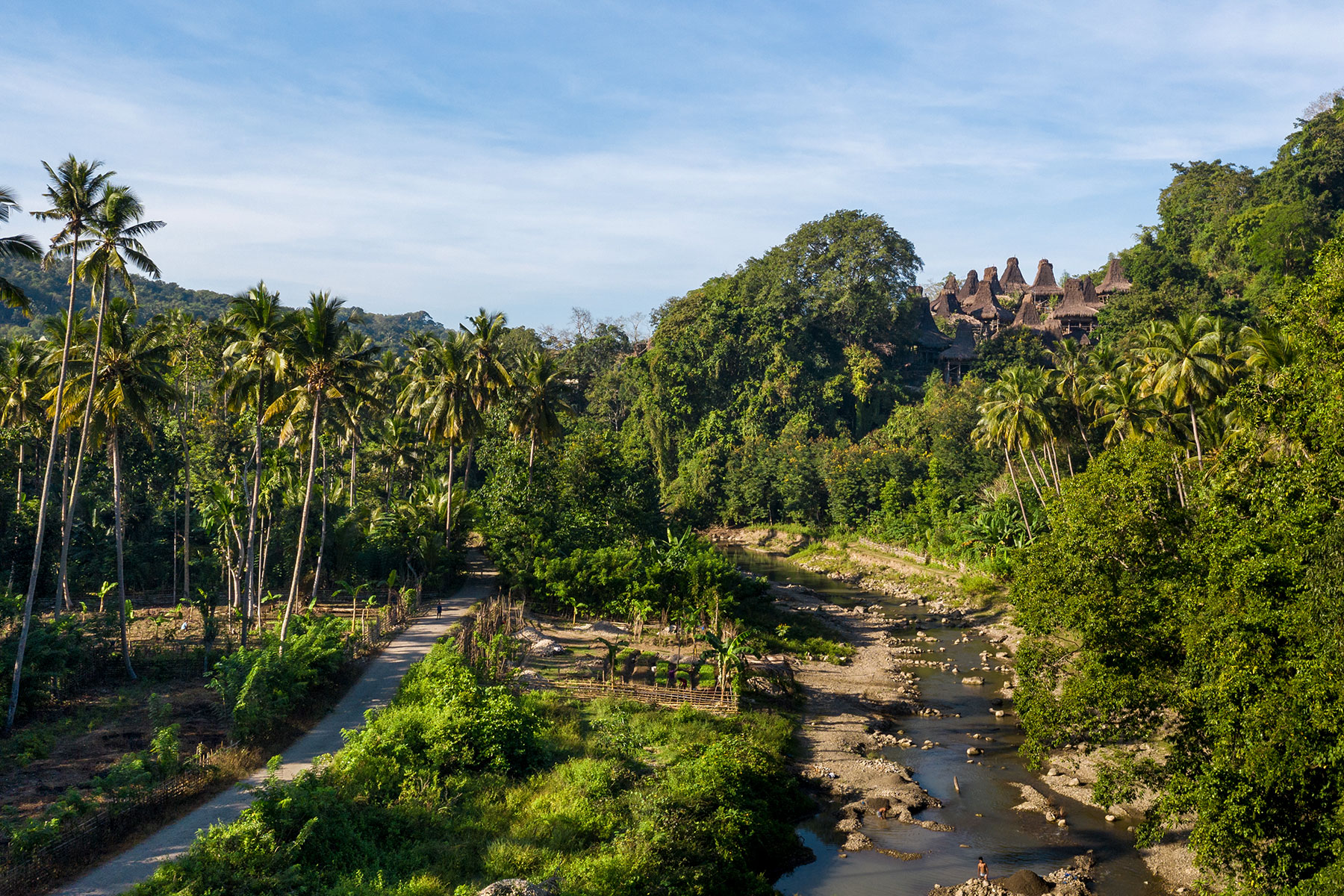 Aerial view of Litti Village in the Lamboya Valley, surrounded by lush jungle, coconut palms, and a winding river, showcasing the rural landscape of Sumba.