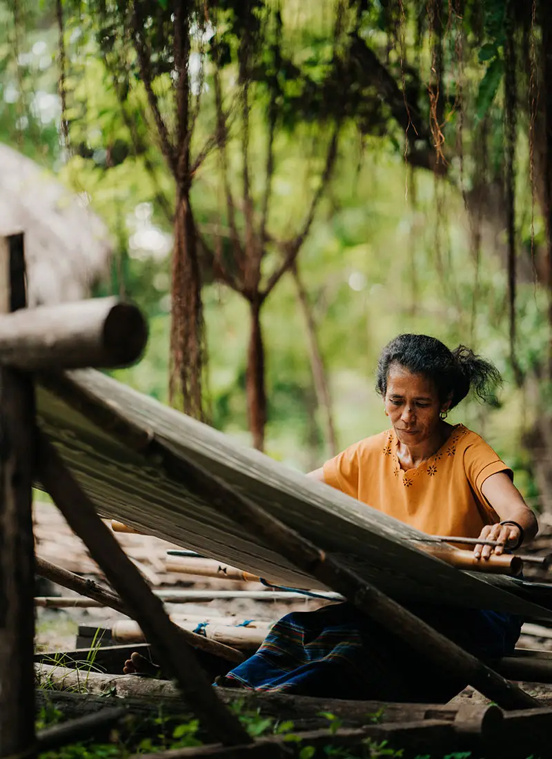 Sumbanese woman weaving traditional ikat fabric by hand using ancient techniques and natural dyes