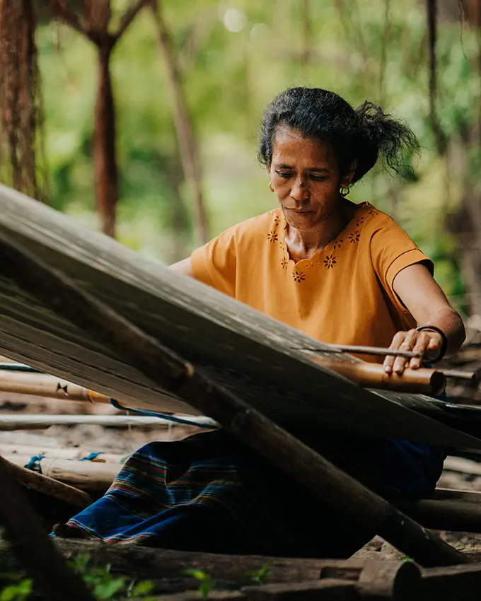 Sumbanese woman weaving traditional ikat fabric by hand using ancient techniques and natural dyes