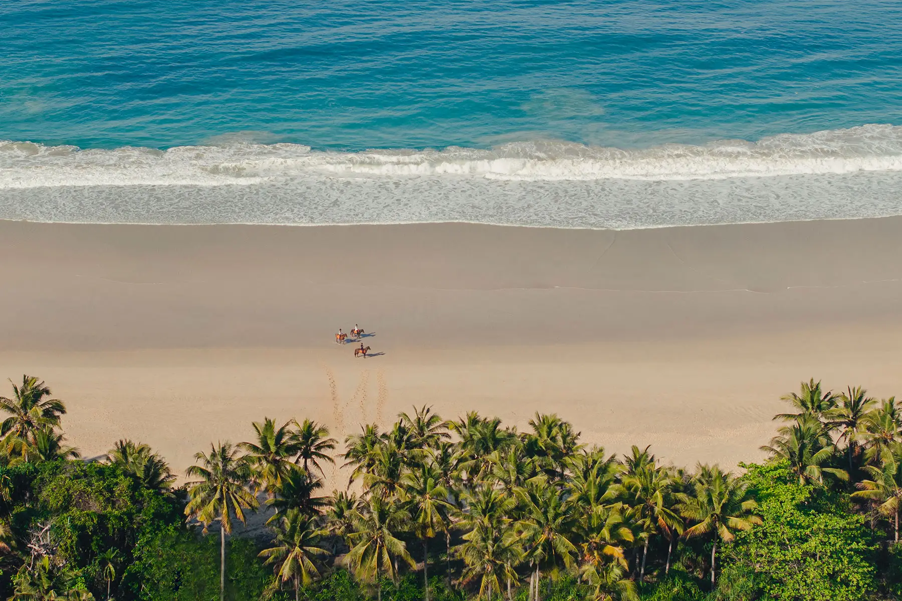 Horseback riders trotting along Nihiwatu Beach at NIHI Sumba, where the lush jungle meets the Indian Ocean