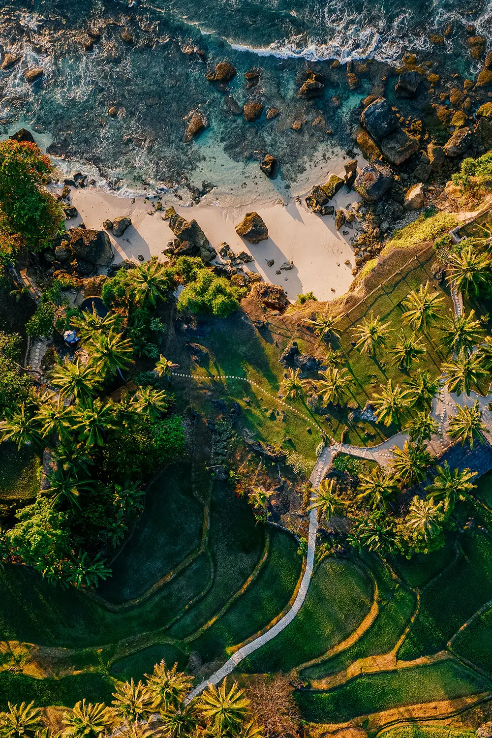 Aerial view of the Nihioka Spa rice terraces at NIHI® Sumba, with lush green paddies cascading down the valley slopes toward the Indian Ocean, surrounded by tropical foliage and stone-lined garden paths.