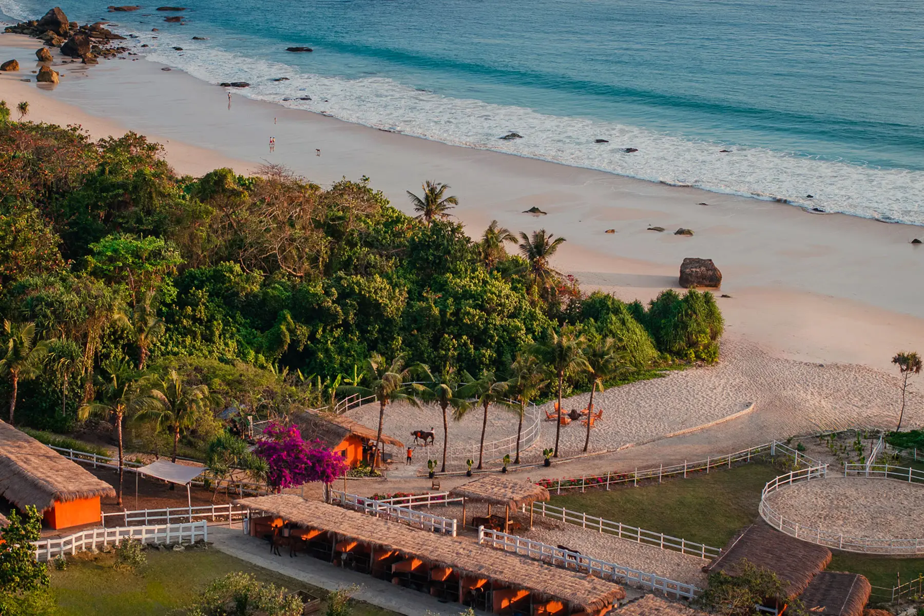 Collage featuring an aerial view of NIHI Sumba’s Sandalwood Stables with golden Easter eggs nestled in lush greenery near the white sand beach — created to promote the resort’s Easter 2025 Program and festive family celebrations.